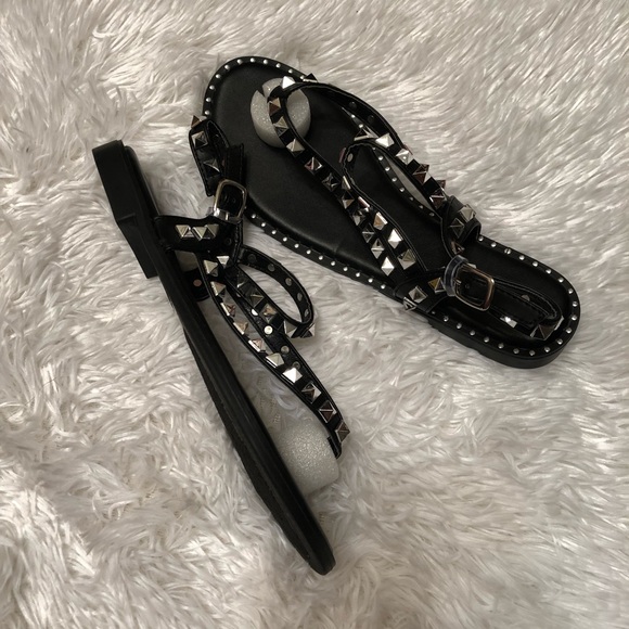 Black Silver Studded Strappy Flat Sandals - Picture 3 of 3
